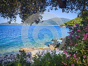 Beautiful view of the bay with boat and yacht and traditional house,