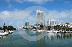 Beautiful view of the bay and buildings from Robert L Blum bridge near Miami Beach, Florida