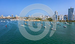 Beautiful view of the bay with yachts and modern buildings in Cartagena, Colombia. photo