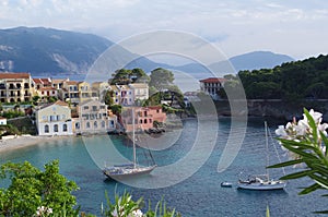 Beautiful view on beach and harbor of idyllic and romantic Assos, Kefalonia, Ionian Islands, Greece