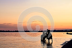 A beautiful view of the beach at sunset, illuminated by the evening sunlight, two riders bathe horses, summer adventures