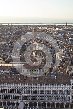 Beautiful view from the bell tower of the Campanella to the Museum Correr and the panorama of the city in Venice