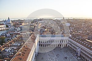 Beautiful view from the bell tower of the Campanella to the Museum Correr and the panorama of the city in Venice