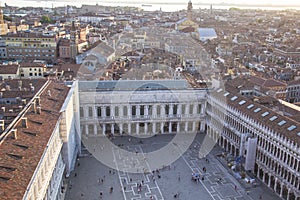 Beautiful view from the bell tower of the Campanella to the Museum Correr and the panorama of the city in Venice