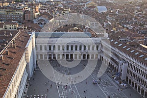 Beautiful view from the bell tower of the Campanella to the Museum Correr and the panorama of the city in Venice