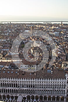 Beautiful view from the bell tower of the Campanella to the Museum Correr and the panorama of the city in Venice photo
