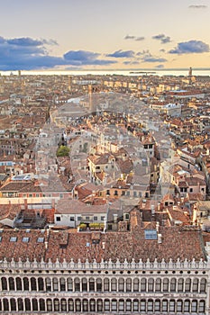 Beautiful view from the bell tower of the Campanella to the Museum Correr and the panorama of the city in Venice, Italy