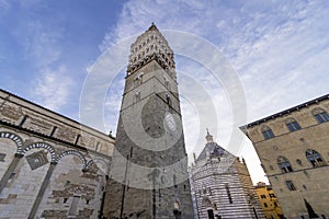 Beautiful view of the bell tower of the Cathedral of San Zeno in Pistoia, Tuscany, Italy