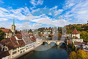 Beautiful view of Bern old town and Aare river from NydeggbrÃ¼cke bridge