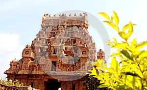 Beautiful view of the big temple second tower .The ancient temple of Brihadisvara Temple in Thanjavur, india.