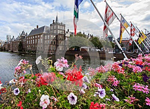 Beautiful view of Binnenhof Palace along the Hohvijfer canal in The Hague Den Haag with blue sky on a sunny day, Netherlands.