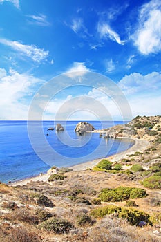 Beautiful view of the birthplace of Aphrodite in Cyprus. Petra tu Romiou, Stone of Aphrodite