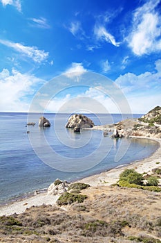 Beautiful view of the birthplace of Aphrodite in Cyprus. Petra tu Romiou, Stone of Aphrodite photo