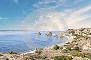 Beautiful view of the birthplace of Aphrodite in Cyprus. Petra tu Romiou, Stone of Aphrodite photo