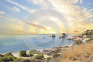 Beautiful view of the birthplace of Aphrodite in Cyprus. Petra tu Romiou, Stone of Aphrodite photo