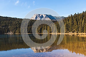 Beautiful view of Black lake, Crno Jezero in Durmitor National Park, Zabljak, northern Montenegro, landscape in a sunny day with