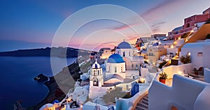 Beautiful view the blue domed churches in the village of Oia, Santorini, Greece, during dusk without people, Generative AI
