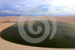 Beautiful view of the blue lagoons in Lencois Maranhenses national park, Brazil