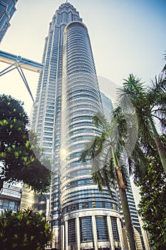 Beautiful view on blue sky of Petronas Twin Towers in Kuala Lumpur. Malaysia