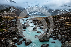 Beautiful view of the blue turquoise river in Hooker Valley track. Mount Cook National Park