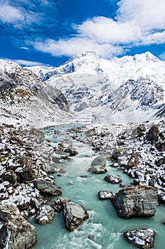Beautiful view of the blue turquoise river in Hooker Valley track. Mount Cook National Park