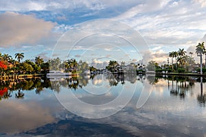 Beautiful view of boats and luxury homes line the canals near Las Olas Blvd. in Fort Lauderdale Florida