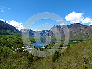 Beautiful view of Bohinj lake and the village of Ribcev Laz in Gorenjska, Slovenia