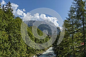 Beautiful view of the Boite river with open sediment from rosk and mountain in Cortina d`Ampezzo, Dolomite mountains, Alps