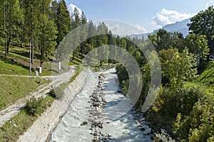 Beautiful view of the Boite river with open sediment from rosk and mountain in Cortina d`Ampezzo, Dolomite mountains, Alps