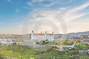 Beautiful view of the Bratislava castle on the banks of the Danube in the old town of Bratislava, Slovakia