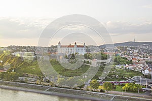 Beautiful view of the Bratislava castle on the banks of the Danube in the old town of Bratislava, Slovakia