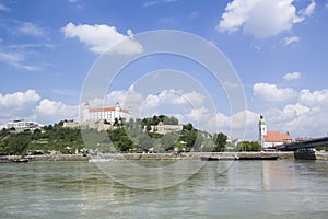 Beautiful view of the Bratislava castle on the banks of the Danube in the old town of Bratislava, Slovakia