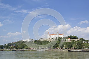 Beautiful view of the Bratislava castle on the banks of the Danube in the old town of Bratislava, Slovakia