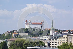 Beautiful view of the Bratislava castle on the banks of the Danube in the old town of Bratislava, Slovakia