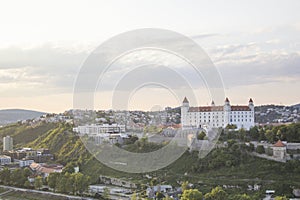 Beautiful view of the Bratislava castle on the banks of the Danube in the old town of Bratislava, Slovakia