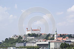 Beautiful view of the Bratislava castle on the banks of the Danube in the old town of Bratislava, Slovakia