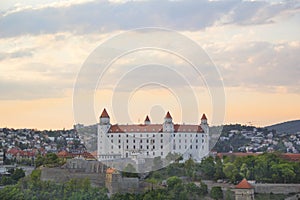 Beautiful view of the Bratislava castle on the banks of the Danube in the old town of Bratislava, Slovakia