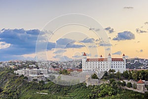 Beautiful view of the Bratislava castle on the banks of the Danube in the old town of Bratislava, Slovakia