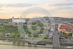 Beautiful view of the Bratislava castle on the banks of the Danube in the old town of Bratislava, Slovakia