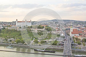 Beautiful view of the Bratislava castle on the banks of the Danube in the old town of Bratislava, Slovakia