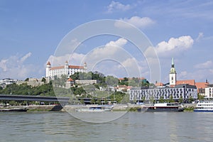 Beautiful view of the Bratislava castle on the banks of the Danube in the old town of Bratislava, Slovakia