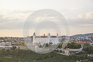 Beautiful view of the Bratislava castle on the banks of the Danube in the old town of Bratislava, Slovakia