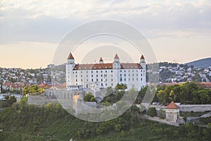 Beautiful view of the Bratislava castle on the banks of the Danube in the old town of Bratislava, Slovakia