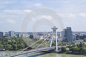 Beautiful view of The Bratislava UFO Tower on the banks of the Danube in the old town of Bratislava, Slovakia