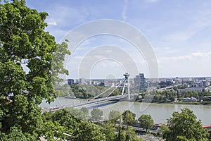 Beautiful view of The Bratislava UFO Tower on the banks of the Danube in the old town of Bratislava, Slovakia