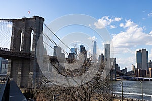 Beautiful View of the Brooklyn Bridge and the Lower Manhattan Skyline seen from Dumbo Brooklyn of New York City