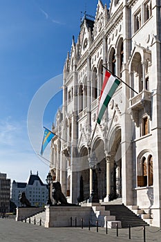 Beautiful view of Budapest Parliament. Parliament Building in Budapest. Hungary Budapest. View from garden to Parlament.
