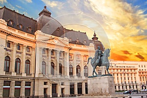 Beautiful view of the building of the Central University Library with equestrian monument to King Karol I in Bucharest, Romania