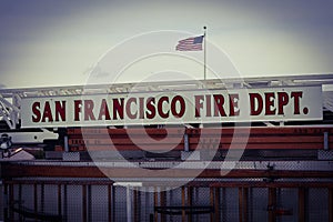 Beautiful view of the building of the fire department with the american flag in San Francisco, USA