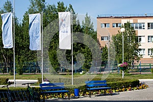 Beautiful view of the buildings in the center of the city of Noyabrsk on Yamal l in summer in 2023